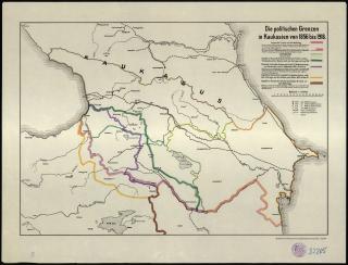 The Caucasus’s political borders from 1856 to 1918. Processed in the Cartographic Department of the Kgl. Preuß. Landesaufnahme [Royal Prussian Land Survey]. July 1918. Geograph. Apparat Univ. Greifswald B2205.