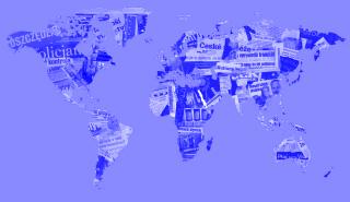 Zeitungscollage in Form einer Weltkarte