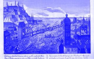 Guckkastenbild des Hochwassers von 1784 in Würzburg. Stadtarchiv Würzburg, Karten und Pläne B 88, gemeinfrei.